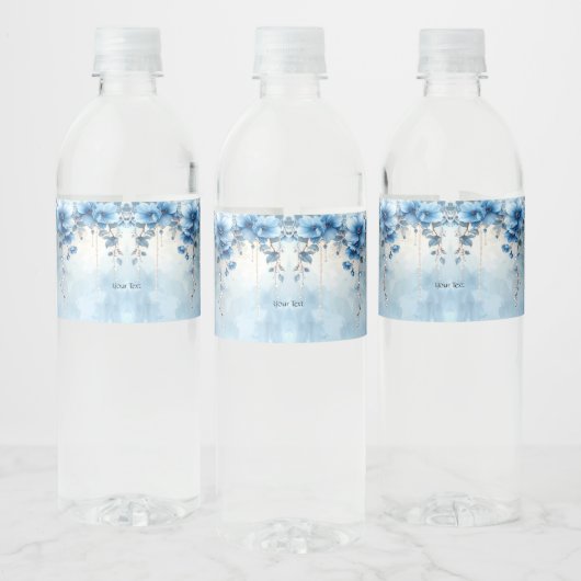 Blaue Blumen und Perlen Wasserflaschenetikett (Flaschen)