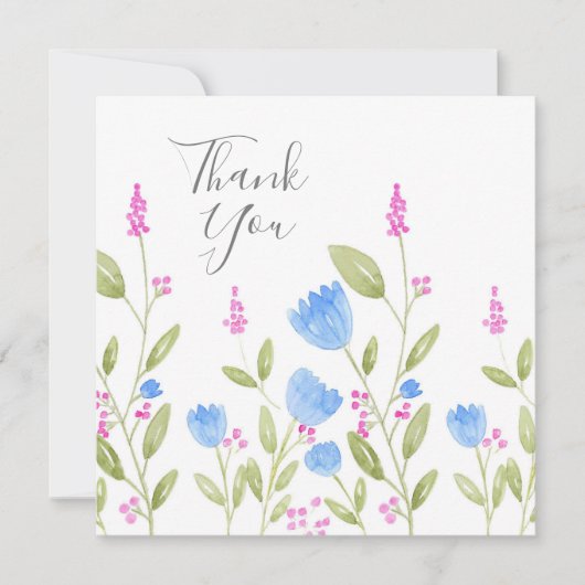 "Blaue Blumen und rosa Berries" Wasserfarbe Dankeskarte (Vorderseite)