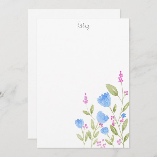 "Blaue Blumen und rosa Berries" Wasserfarbe Mitteilungskarte (Vorne/Hinten)
