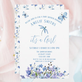 Blaue Blumen und Schmetterlinge Einladung