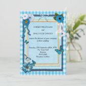 Blaue Blumen und Schmetterlinge Einladung (Stehend Vorderseite)