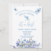 Blaue Blumen und Schmetterlinge Einladung (Vorderseite)