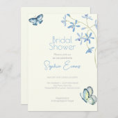Blaue Blumen und Schmetterlinge Gelbes Brautparty Einladung (Vorne/Hinten)
