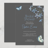 Blaue Blumen und Schmetterlinge Grau Brautparty Einladung (Vorne/Hinten)
