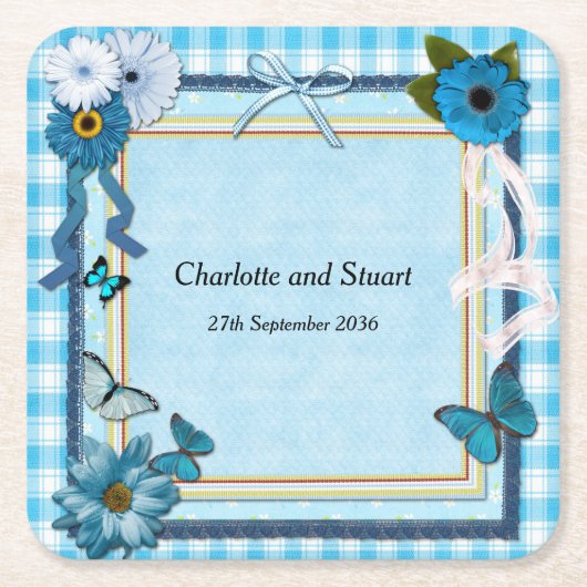 Blaue Blumen und Schmetterlinge Rechteckiger Pappuntersetzer (Vorderseite)