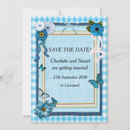 Blaue Blumen und Schmetterlinge Save The Date (Vorderseite)