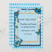 Blaue Blumen und Schmetterlinge Save The Date (Vorne/Hinten)