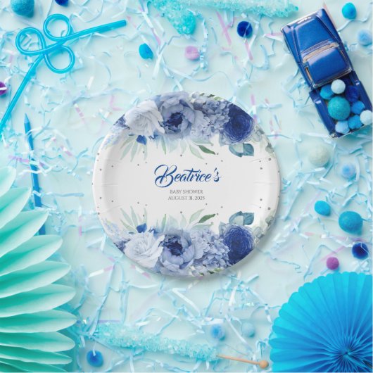 Blaue Blumen und Silver Confetti Babydusche Pappteller (Party)