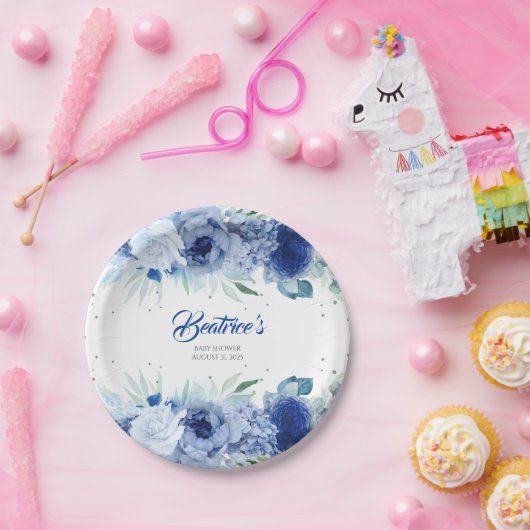 Blaue Blumen und Silver Confetti Babydusche Pappteller (Party)