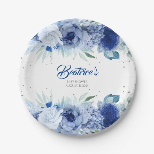 Blaue Blumen und Silver Confetti Babydusche Pappteller (Vorderseite)