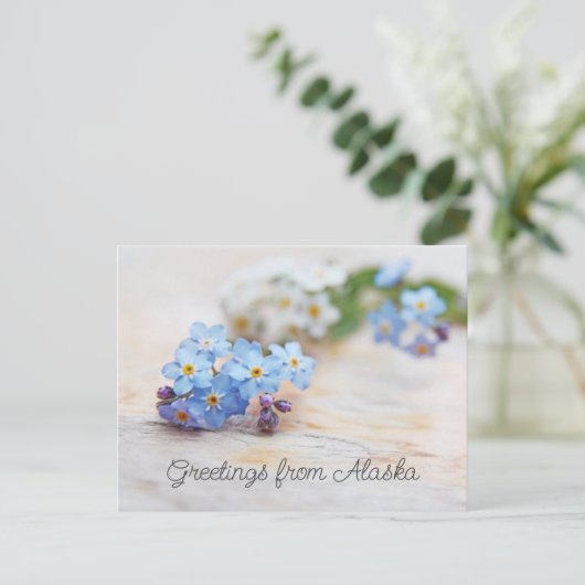 Blaue Blumen Vergessen Sie mir nicht Grüße von Ala Postkarte (Stehend Vorderseite)