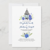 Blaue Blumen Vintage Laternenfarbenhochzeit Einladung (Vorderseite)