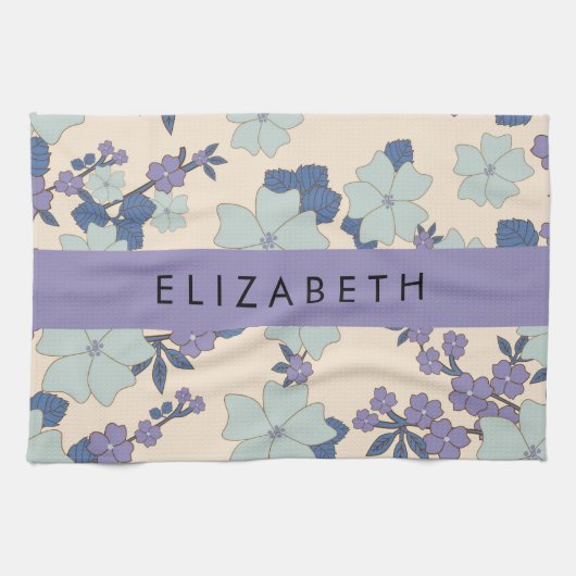 Blaue Blumen, violette Blumen, Blumen, Ihr Name Geschirrtuch (Horizontal)