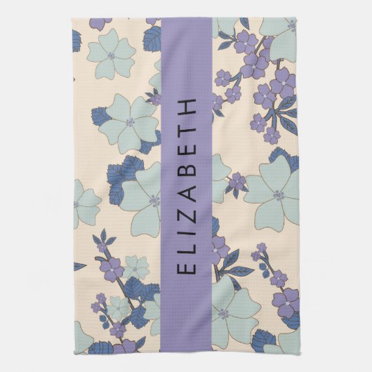 Blaue Blumen, violette Blumen, Blumen, Ihr Name Geschirrtuch (Vertikal)