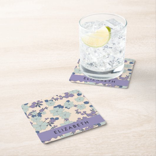 Blaue Blumen, violette Blumen, Blumen, Ihr Name Rechteckiger Pappuntersetzer (Vor Ort)