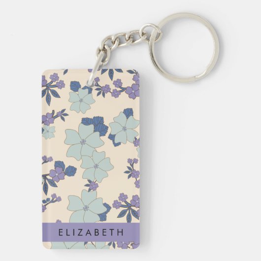 Blaue Blumen, violette Blumen, Blumen, Ihr Name Schlüsselanhänger (Rückseite)