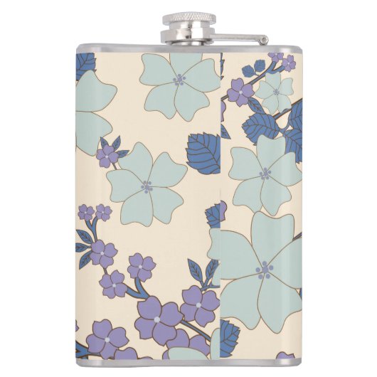 Blaue Blumen, violette Blumen, Blumenmuster Flachmann (Rückseite)