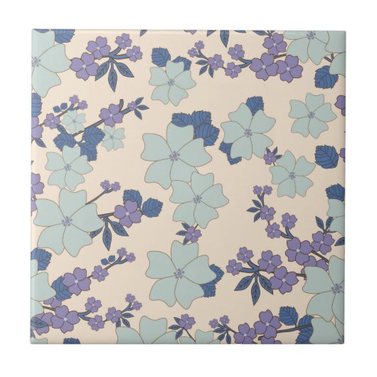 Blaue Blumen, violette Blumen, Blumenmuster Fliese (Vorderseite)