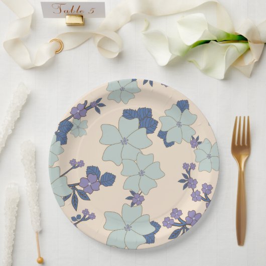 Blaue Blumen, violette Blumen, Blumenmuster Pappteller (Hochzeit)