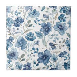 Blaue Blumen Wasserfarbe Botanisch Floral Fliese