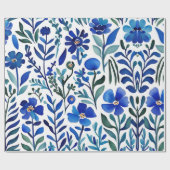Blaue Blumen Wasserfarben Art Muster Geschenkpapier (Flach)