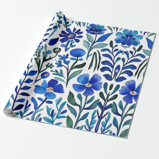 Blaue Blumen Wasserfarben Art Muster Geschenkpapier (Ungerollt)