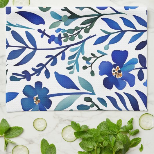 Blaue Blumen Wasserfarben Art Muster Geschirrtuch (Gefaltet)