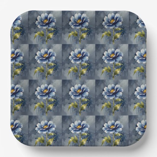 Blaue Blumen Wasserfarben Muster Pappteller (Vorderseite)