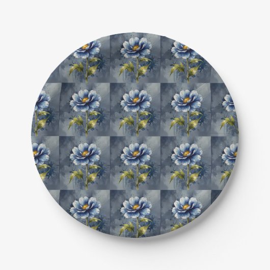 Blaue Blumen-Wasserfarben-Muster Pappteller (Vorderseite)
