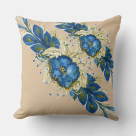 Blaue Blumen-Watercolor-Handbemalung Weiß Kissen