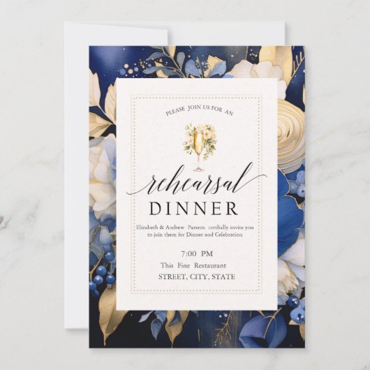 Blaue Blumen Wein Verkostung Probe Abendessen Einladung (Vorderseite)