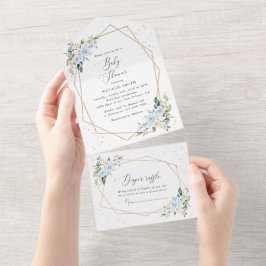 Blaue Blumen, weiße Blume, Grünpflanzen, Babydusch All In One Einladung