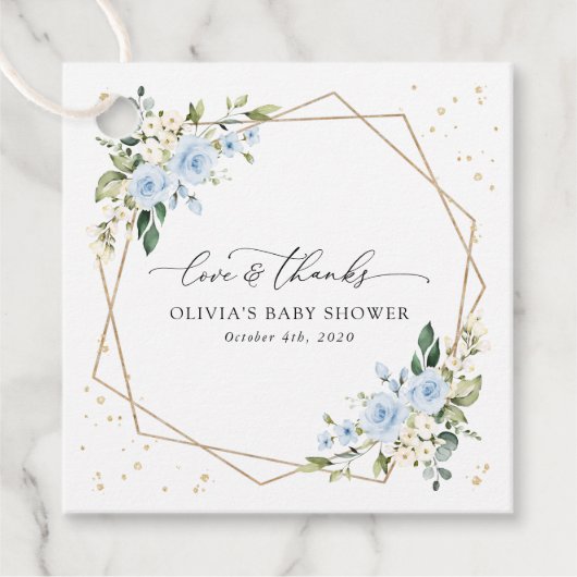 Blaue Blumen, weiße Blume, Grünpflanzen, Babydusch Geschenkanhänger (Vorderseite)