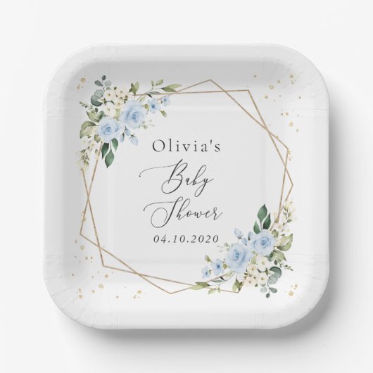 Blaue Blumen, weiße Blume, Grünpflanzen, Babydusch Pappteller (Vorderseite)