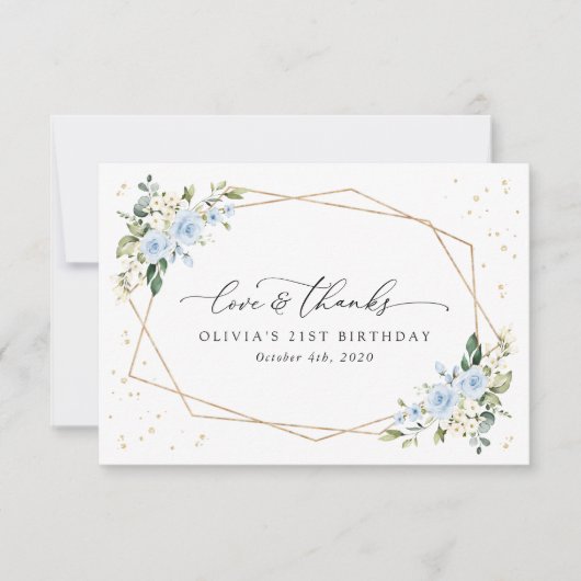 Blaue Blumen, weiße Blume, Grünpflanzen, Geburtsta Dankeskarte (Vorderseite)