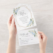 Blaue Blumen, weiße Blume, Grünpflanzen, Hochzeit All In One Einladung (Abreißen)