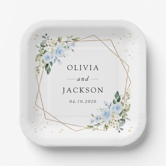 Blaue Blumen, weiße Blume, Grünpflanzen, Hochzeit Pappteller (Vorderseite)