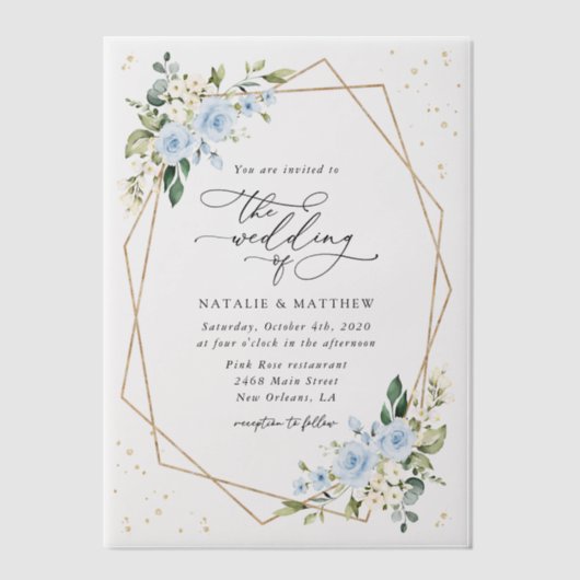 Blaue Blumen, weiße Blume, Grünpflanzen, Hochzeit Pergament Einladungen (Vorderseite)