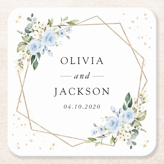 Blaue Blumen, weiße Blume, Grünpflanzen, Hochzeit Rechteckiger Pappuntersetzer (Vorderseite)