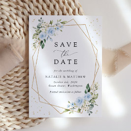 Blaue Blumen, weiße Blume, Grünpflanzen, Hochzeit Save The Date