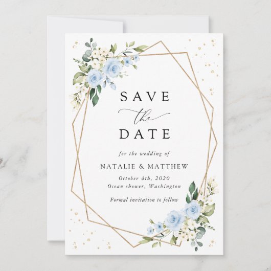 Blaue Blumen, weiße Blume, Grünpflanzen, Hochzeit Save The Date (Vorderseite)