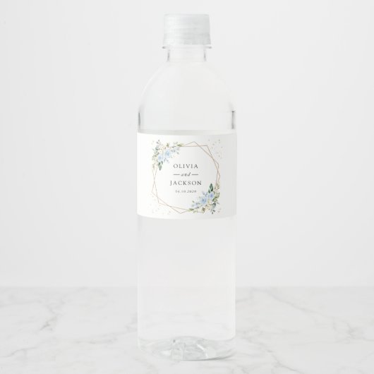 Blaue Blumen, weiße Blume, Grünpflanzen, Hochzeit Wasserflaschenetikett (Vorderseite)