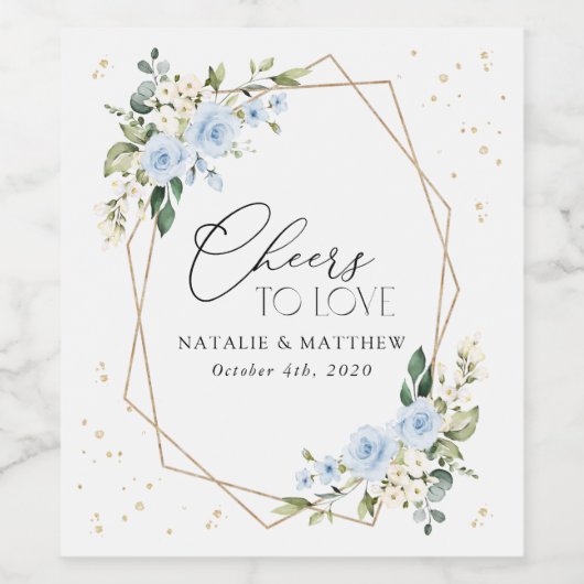 Blaue Blumen, weiße Blume, Grünpflanzen, Hochzeit Weinetikett (Einzelnes Label)