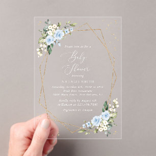 Blaue Blumen, Weiße Blumen, Grün, Babyparty Acryleinladungen