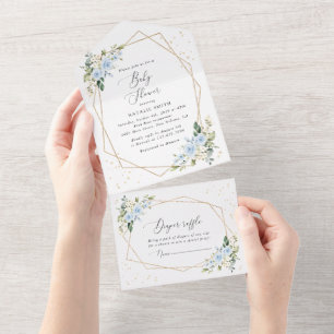 Blaue Blumen, Weiße Blumen, Grün, Babyparty All In One Einladung