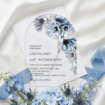 Blaue Blumen Weiße Klare Hochzeitseinladung