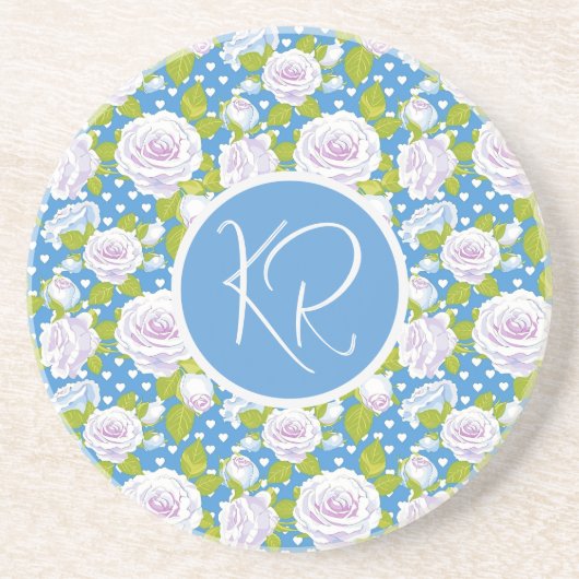 Blaue Blumen Weiße Rose Modische Monogramm-Initial Getränkeuntersetzer (Vorne)