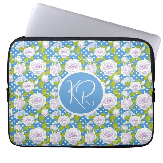 Blaue Blumen Weiße Rose Modische Monogramm-Initial Laptopschutzhülle (Vorderseite)