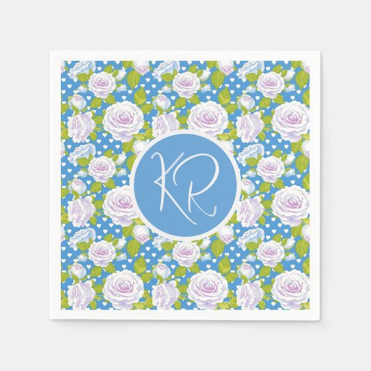 Blaue Blumen Weiße Rose Modische Monogramm-Initial Serviette (Vorderseite)