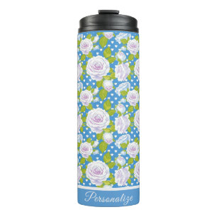 Blaue Blumen Weiße Rose Trendiger Stil Thermosbecher